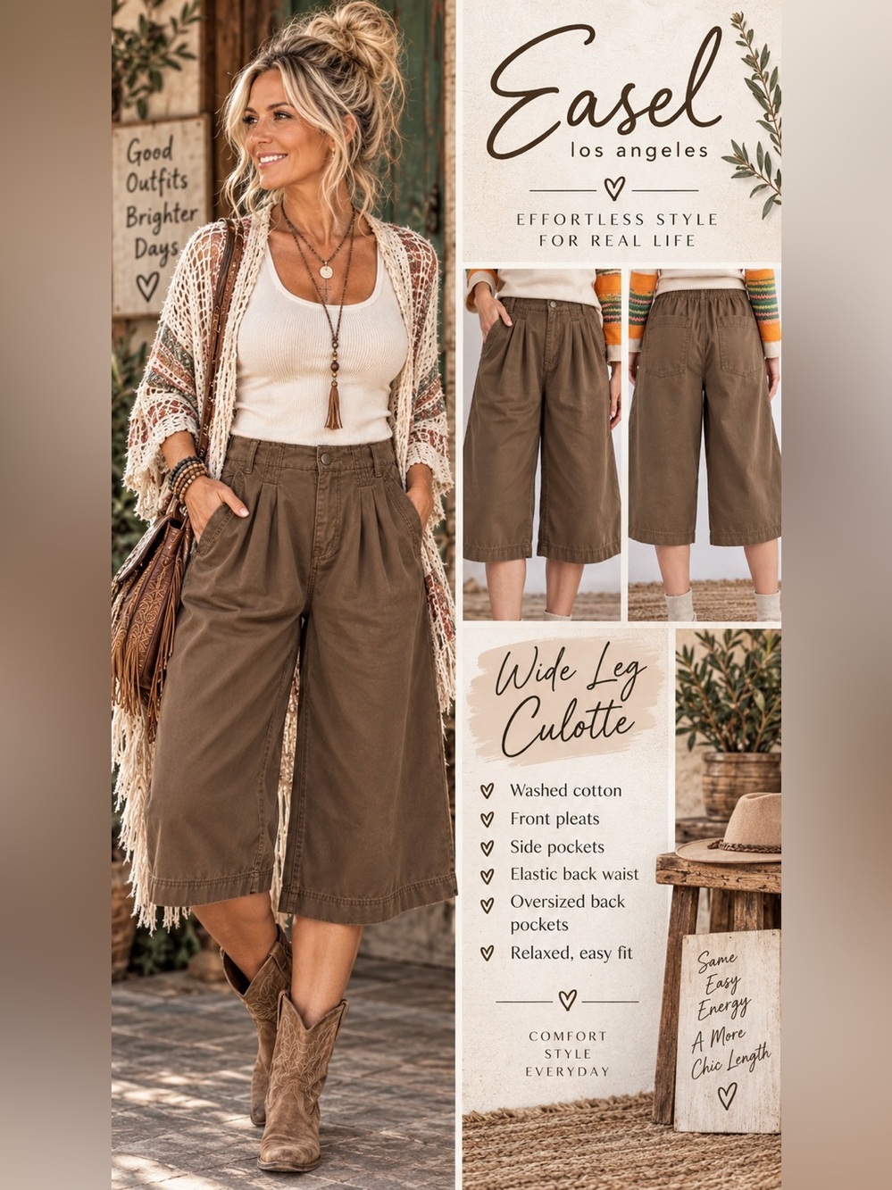 Easel Wide Leg Culotte Pants / Gaucho Pants β Brown β NWT S/M/L